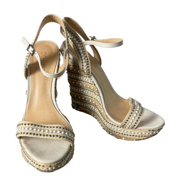 SCHUTZ Carminda Beige Espadrille Embellished Wedge Sandals Shoes Womens Size 10B - Picture 4 of 14